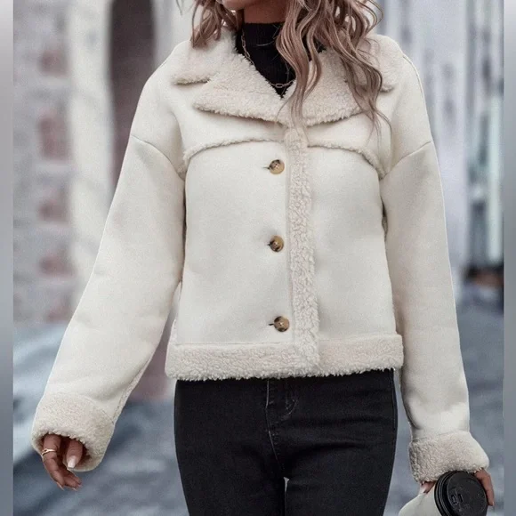 PLM Pascale La Mode Short Faux Wool Shearling, Suede Coat, Button Front, NWT - Picture 16 of 16